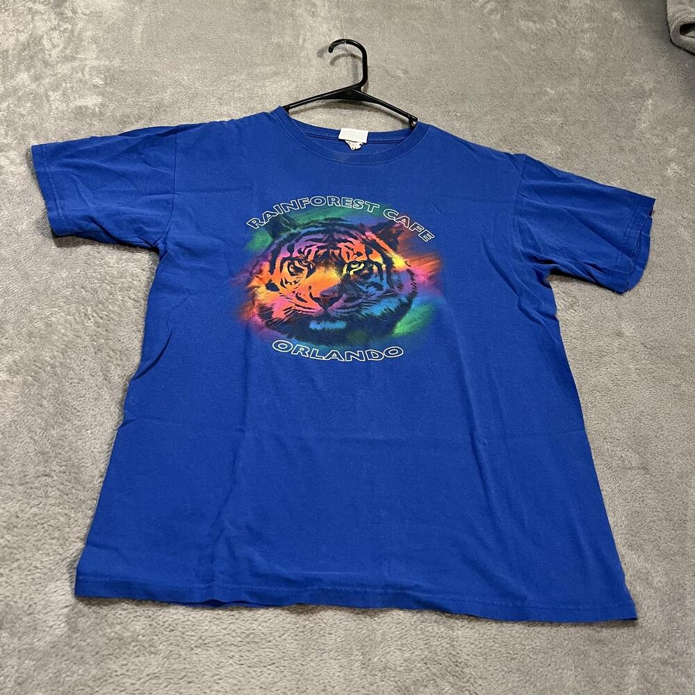 Vintage Rainforest Cafe Shirt Mens Medium Blue Tiger Graphic Orlando 90s